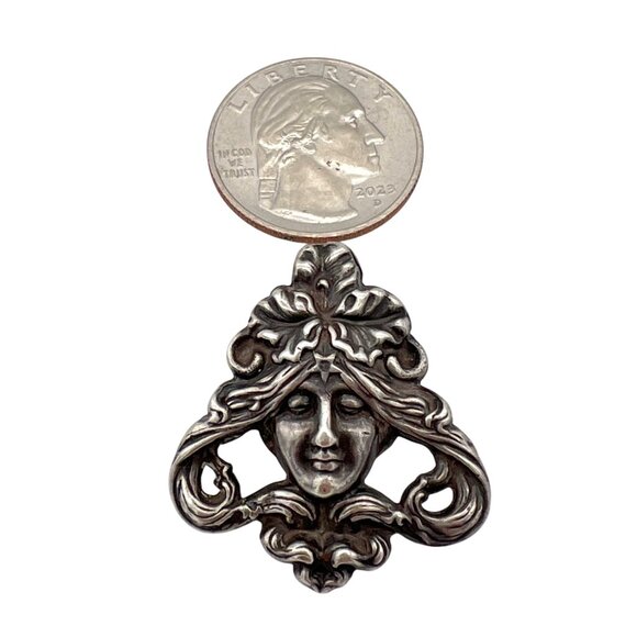 Antique Art Nouveau Sterling Silver Brooch Pin Repoussé Lady Goddess Face 925 - Picture 4 of 6